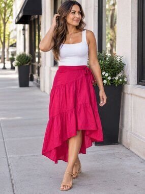 Eliza J Womens High-Low Midi Skirt Hot Pink Size 8 Tiered Ruffled Polyester